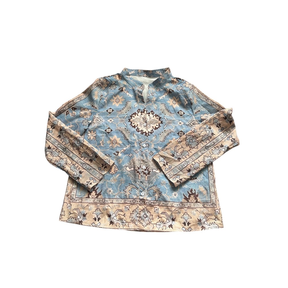 Womens XXL Boho Tapestry Print Blouse Blue Beige‎ Long Sleeve Button Front Top